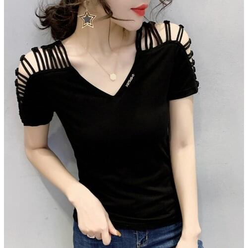 2020 New Women White Short Sleeve Tee Tops Summer Casual Cut-Out V-neck T-Shirts Cotton Female футболка женская T03604B