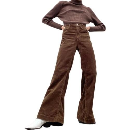 Women suitable warm Fashion High Waist Solid Color Pants Stylish Flared corduroy Pants for Ladies Female