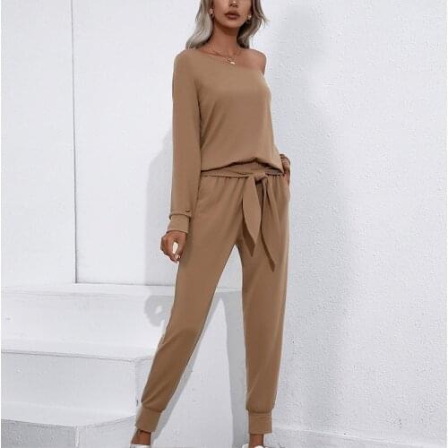 Women Fashion Solid 2 Pieces Sets Long Sleeve Skew Collar Lace Up Top And Elastic Waist Harem Pant Suit Casual Female Tracksuit