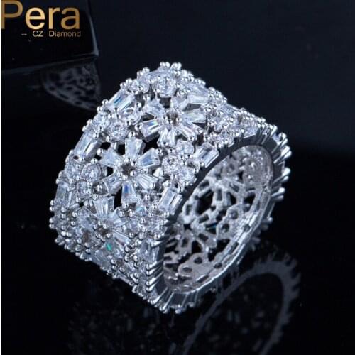 Pera Luxury Big Statement Engagement Party Silver Color Jewelry Sparkling Cubic Zirconia Flower Shape Finger Ring for Women R109