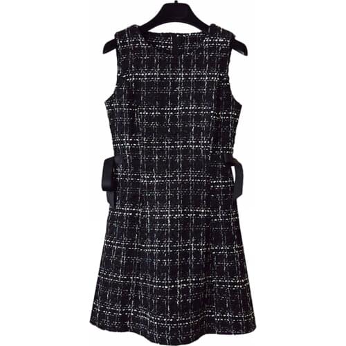 VSUE Tweed Dress Elegant Side Bow Zipper A-line Dresses Black Plaid Sleeveless Summer O Neck Mini Dress Vintage Retro D0845