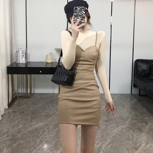 Winter Dress Suit 2020 New Long-sleeved Knitted Sweater+Condole Belt PU Leather Package Hip Skinny Dress 2 Peice Sets