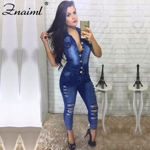 Znaiml Summer Women Denim Jumpsuit Hollow Out Sleeveless Turn-down Collar Single Breasted Stretchy Fashion Jumpsuits Outfit