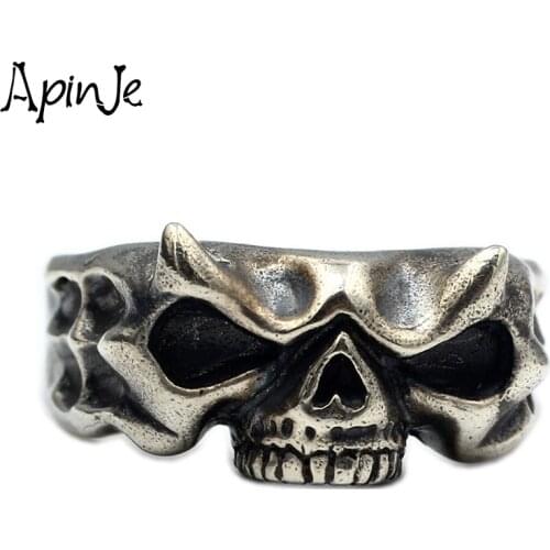 Apinje Punk Skull Ring for Men Real 925 Sterling Silver Skeleton Demon Slayer Fashion Rings Man Gothic Jewelry