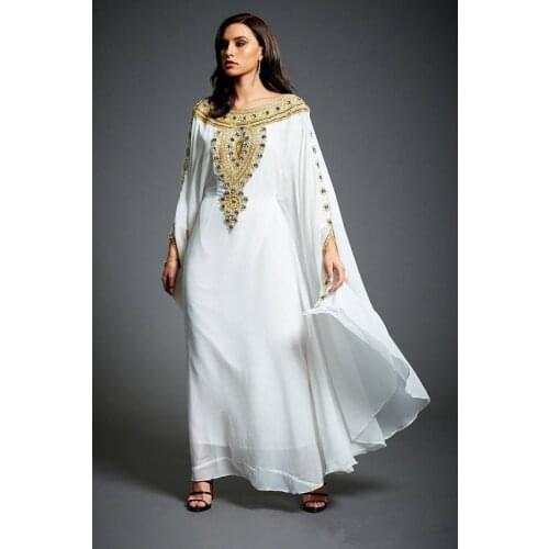 White Muslim Evening Dresses A-line Long Sleeves Chiffon Beaded Crystals Moroccan Kaftan Dubai Saudi Arabia Long Prom Dress Gown