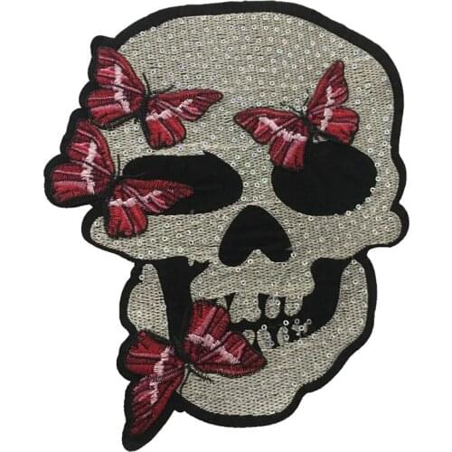 Large Butterflies with Skull Embroidered Iron on Patches for Clothes Skeleton Head Sequined Embroidery Applique DIY Sewing 1PC