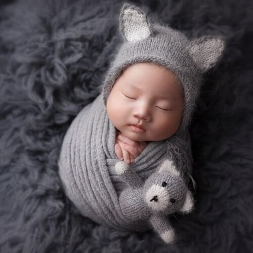 Angora Baby Bonnet Toy Set For Newborn Photography Props Knit Fluffy Animal Stuffer Toy Photo Shoot Infant Gray Soft Hat Props