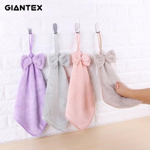 GIANTEX Lovely Bowknot Super Soft Absorbent Microfiber Hand Towel Hanging Bathroom Kitchen Towel Cleaning Cloth 30x30cm U1478