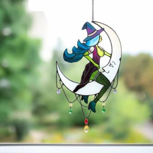 Halloween Witch On Moon Decor Stained Suncatcher Window Hangings Outdoor Wall Art Home Decoration GQ
