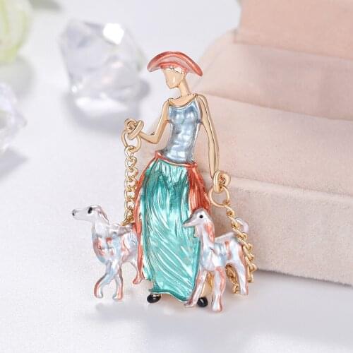 Cute Women Alloy Enamel Animal Casual Party Brooch Pins Pink Blue Dress Girl Hugging Dog Brooches Gifts
