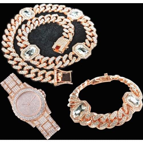 3pcs Kit Hip Hop 12.5MM CZ AAA Iced Out Square Crystal Cuban Chain Set Necklace+Watch+Bracelet For Men Women Jewelry