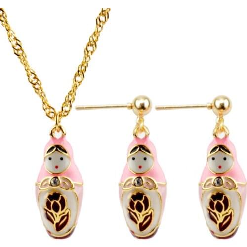 Jewelry Set Necklace with Earrings Russian Doll Pendant Necklace Ear studs set Matryoshka doll Accessories Gift