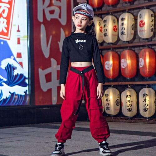 Girls Hiphop Jazz Costumes Street Dance Practice Clothes Children Black Tops Red Loose Pants Ballroom Show Stage Outfit VDB2524