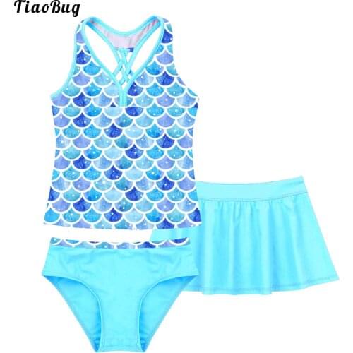TiaoBug Summer 3Pcs Kids Girls Swimsuit V Neck Sleeveless Spaghetti Straps Top With Briefs And Skirt Set Beach Bikini Swimwear