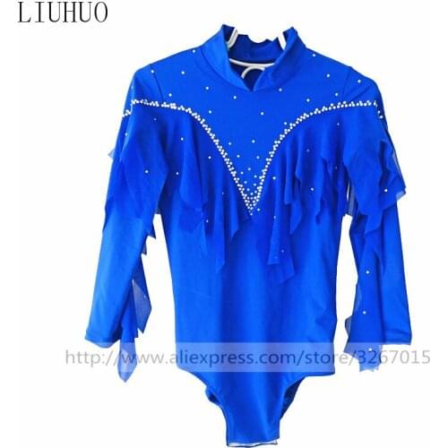 Figure skating mens boys Ice Skating Performance clothing Match suit Blue long sleeve High-grade elastic spandex fabric