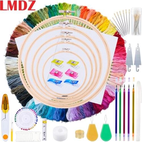 LMDZ 211 Pcs Embroidery Kit Embroidery Starter Kit Threads Embroidery Floss Embroidery Hoops Sewing Pin Cross Stitch Instruction