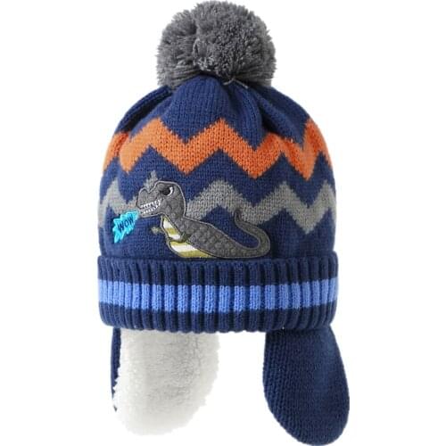 Connectyle Toddler Boys Beanie Hat Fleece Lined Winter Snow Ski Cap Earflaps Thick Knitted Soft Warm Skull Hat With Pom-Pom