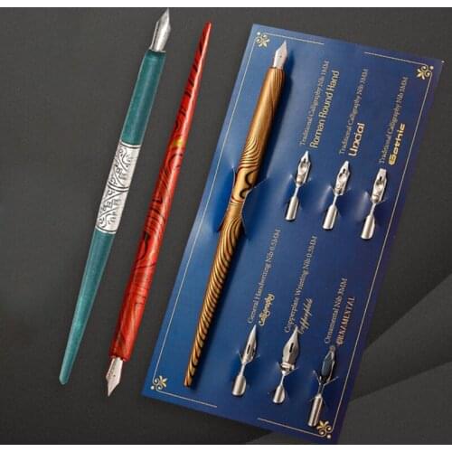 Fountain Pens Writing Stationery Vintage Wood Manga Calligraphy Dip Pen Holder with 6 Nibs for Lettering Sketching Drawing Kit