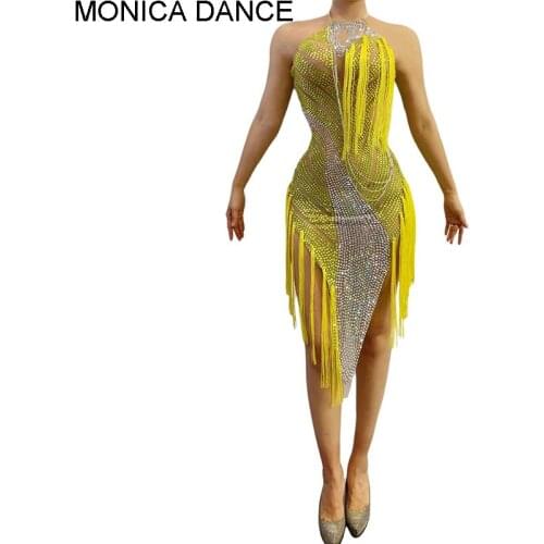 Women Sexy Yellow Tassel Rhinestone Fringes Dress Mesh Transparent Dress Birthday Celebrate Stones Dancer See Through Costume