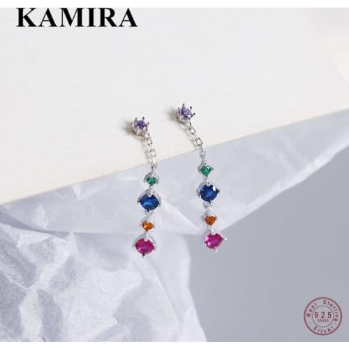 KAMIRA 925 Sterling Silver Korean Crystal Rainbow Zircon Tassel Pendant Stud Earrings for Women Elegant Luxury Jewelry Gift 2021
