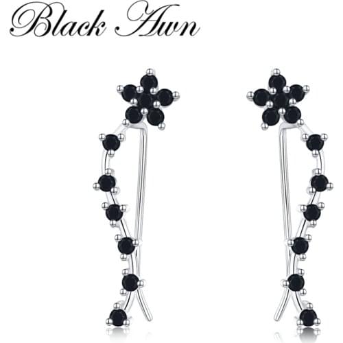 Romancit 925 Sterling Silver Jewelry Engagement Flower Drop Earrings For Women Black Spinel Female Earring Gift I036