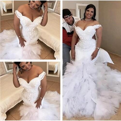 Plus Size Wedding Dresses Off The Shoulder 3D Appliqued Bridal Gowns Tulle Tiered robes de mariée Mermaid Wedding Dress Dubai