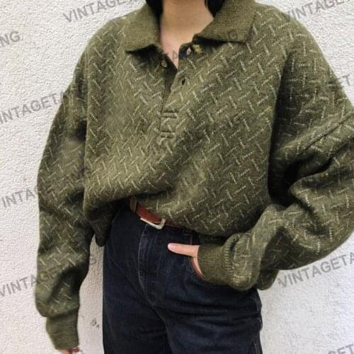 B-TOTO American Retro Bm Green Polo Collar Sweater Loose Trend Ins Lapel Sweater 2021 New Fashion
