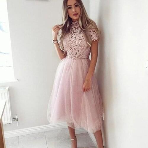 Gorgeous High Neck Pink See Through Lace Tulle Short Prom Dress Homecoming Dress
