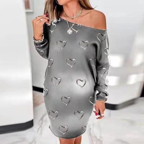 Printed Pattern Casual Fashion Spring and Autumn Womens Dress Long Sleeve Round Neck Loose Dress