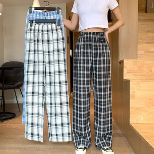Vintage Plaid Pants Women Elastic Waist Loose Pants Korean Harajuku High Waist Trousers 2021 Casual Retro Wide Leg Pants