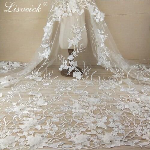 High quality 1 Yard Embroidery 3d Flower Gauze Wedding Dress Big Lace Fabric Ivory White DIY Handmade Patchwork Sewing Supplies