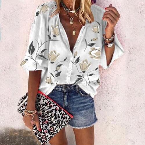 2021 Summer Women New Popular Shirt Flower Printed Stand V Neck Collar Casual Long Sleeve Loose Blouse for Beach Party