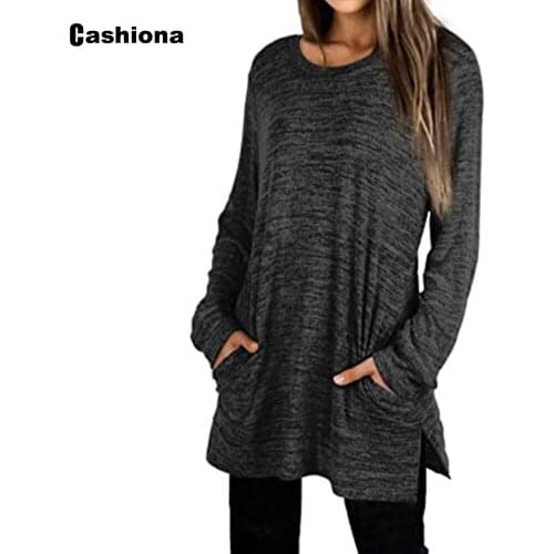 Cashiona Women Long T-shirt Ladies Elegant Leisure Tops Black Khaki Tshirt Long Sleeve 2021 Spring Autumn Tees Shirt Pullovers