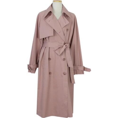 Women Casual Mid-long Windbreaker Spring and Autumn OL Loose Pink Double-breasted Trench Coat Wild Female Long Jacket NS2171