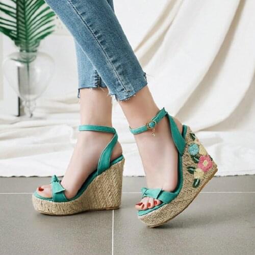Sianie Tianie green open toe wedges high heels woman shoes size 33-46 espadrilles platform women sandals with flower embroidery