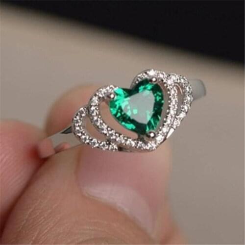 Hot sale green heart rings with crystal for women wedding bands engagement rings cubic zirconia bijoux female fashion jewelry
