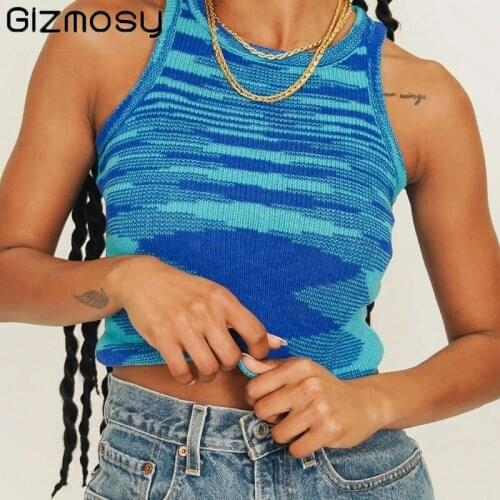 Gizmosy 2021 Knit Crop Top Women Sleeveless Y2K Basic T Shirts Casual Summer Off Shoulder Blue O Neck Tank Top Vintage Fashion