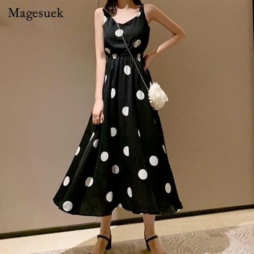 2021 Summer Vintage High Waist Midi Long Dresses Sexy Backless Sleeveless Camisole Dress French Polka Dot Print Dress Robe 14953