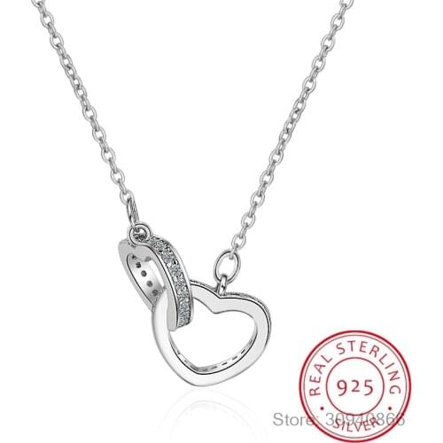 925 Sterling Silver Double Heart Circle CZ Zirconia Pendants Necklaces For Women Gift kolye choker Chain collares S-N69