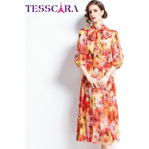 TESSCARA Women Autumn Elegant Chiffon Dress Festa High Quality Long Vintage Party Robe Femme Runway Designer A-Line Vestidos
