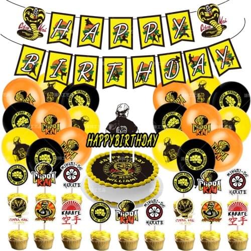 1Set Karate Theme Birthday Party Balloons Decor Drama Cobra Fans Spiral Soap Opera Banner Cake Topper Kids Adult Party Supplies