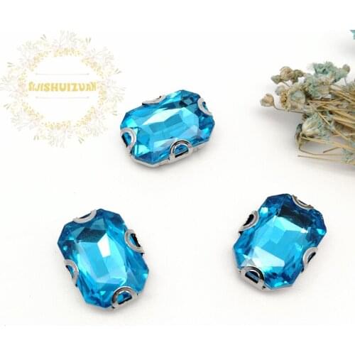 Turquoise blue Rectangle Glass Crystal sewing rhinestones with silvery D shape claw Diy wedding dress accessories Free shipping