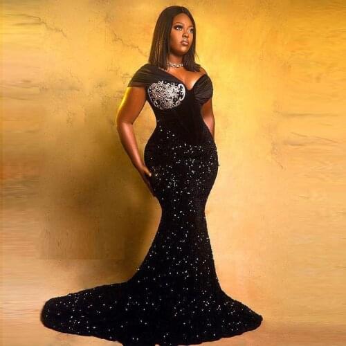 Black Sequined Aso Ebi Prom Dresses Off The Shoulder Appliques Beads Plus Size Evening Dress Black Girls Party Gowns