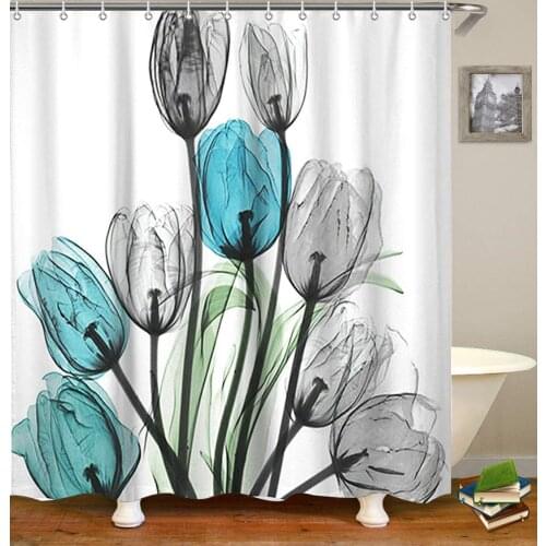 Floral Bath Curtain Thick Fabric Bathroom Curtains Home Decorations for Bathroom White Blue Grey Tulip Flower Shower Curtain