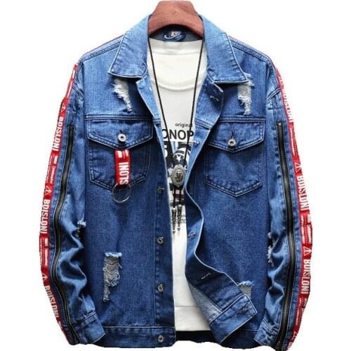 Spring Autumn Streetwear Blue Black Denim Jacket Men Plus Size Destroy Ripped Jeans Jacket Plus Size with Zipper Ribbons 3XL