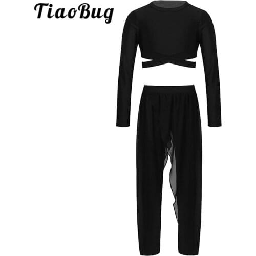 Kids Girls Solid Color Long Sleeves Crop Tops with Skirted Pants Classical Dance Costume Workout Yoga Ballet Training Dancewear
