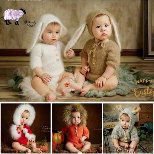 Baby Boy Girl Photoshoot Bunny Outfits Photography Props Infant fotografia Accessories Baby fotoshooting Rompers with Bear Cartoon Hat Cap