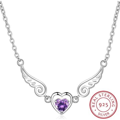 Dainty 925 Sterling Silver Love Heart Angel Wings Pendant Necklaces With Purple Zirconia collares collier Fine Jewelry S-N468