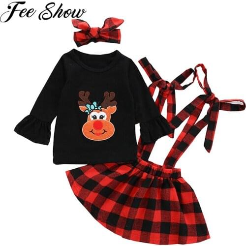 Kids Girls Christmas Clothes Set Long Flared Sleeve Embroidered Elk Applique Top Plaid Suspenders Skirt With Headband Outfits