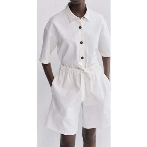 Blouse and Short Pants Suit COTTON Summer Vintage Casual Solid Turn-down Collar 2 Pic Set Euro-America Style High Quality